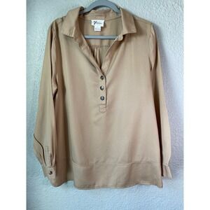 Andrea Jovine Tan Lyocell Button Front Collared Long Sleeve Shirt Top L